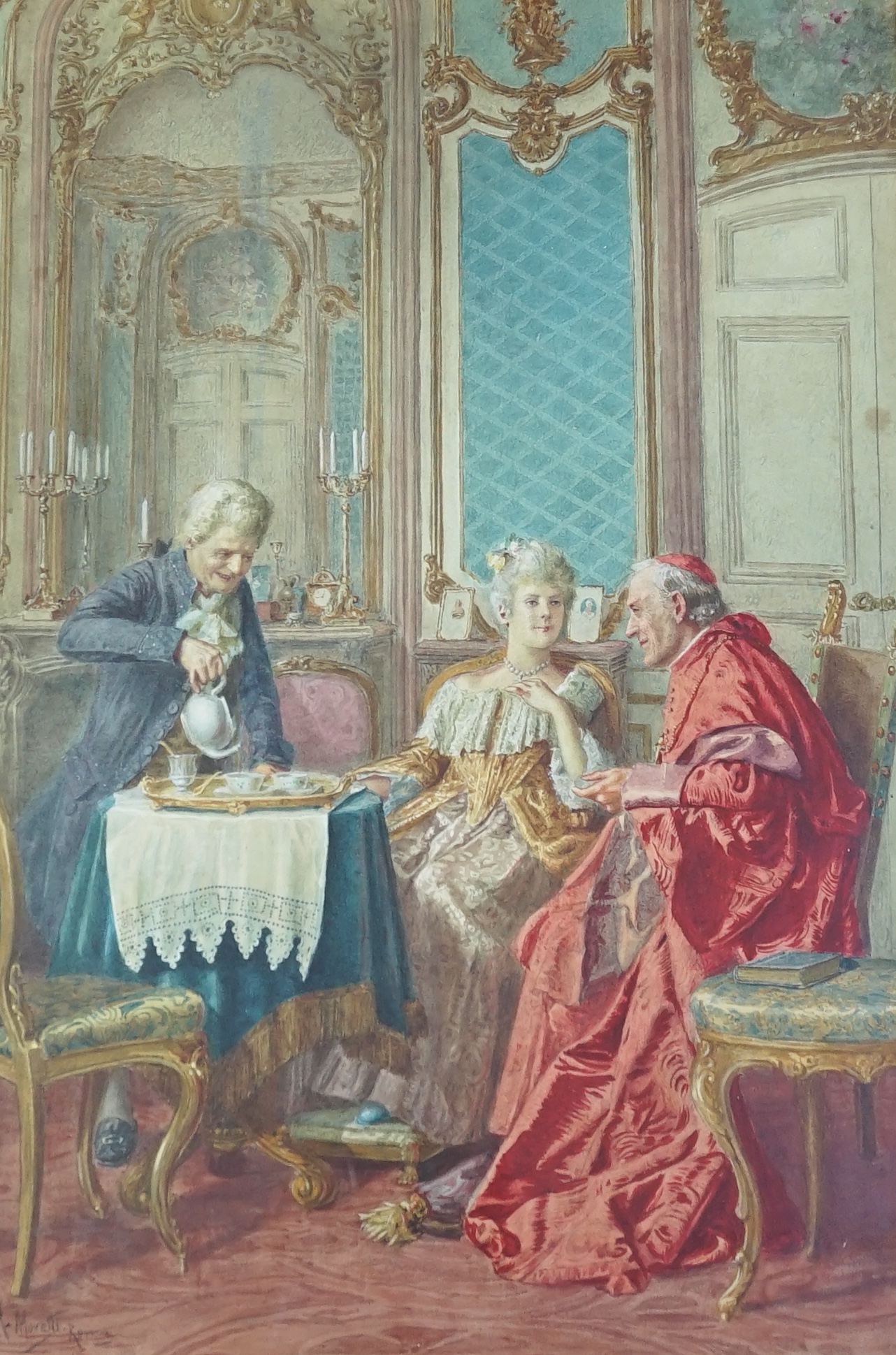 Renato Moretti (Italian, 1863-1913), watercolour, 'The Cardinal's tea party', signed and inscribed Roma, 53 x 36cm, ornate gilt frame. Condition - fair, loss to the mount